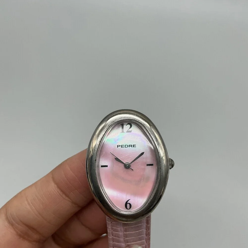 Pedre Womens Dress Watch 25mm Pink MOP Oval Silver Tone Leather New Battery